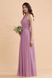 Elegant Jewel Wisteria Chiffon Ruffles Bridesmaid Dress with Pockets On sale