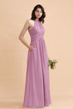 Elegant Jewel Wisteria Chiffon Ruffles Bridesmaid Dress with Pockets On sale