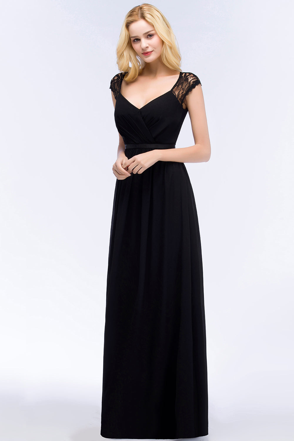 Elegant Lace Black V-Neck Sleeveless Bridesmaid Dress with Hollowout Back