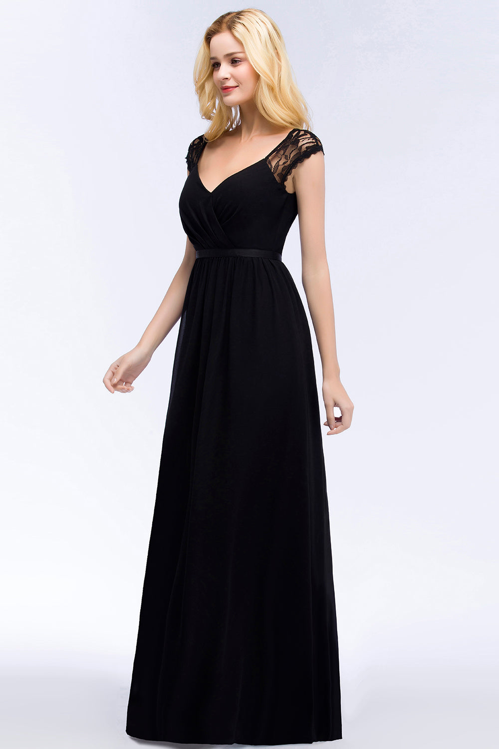 Elegant Lace Black V-Neck Sleeveless Bridesmaid Dress with Hollowout Back