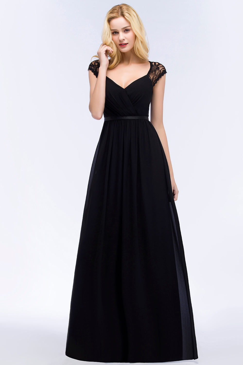 Elegant Lace Black V-Neck Sleeveless Bridesmaid Dress with Hollowout Back