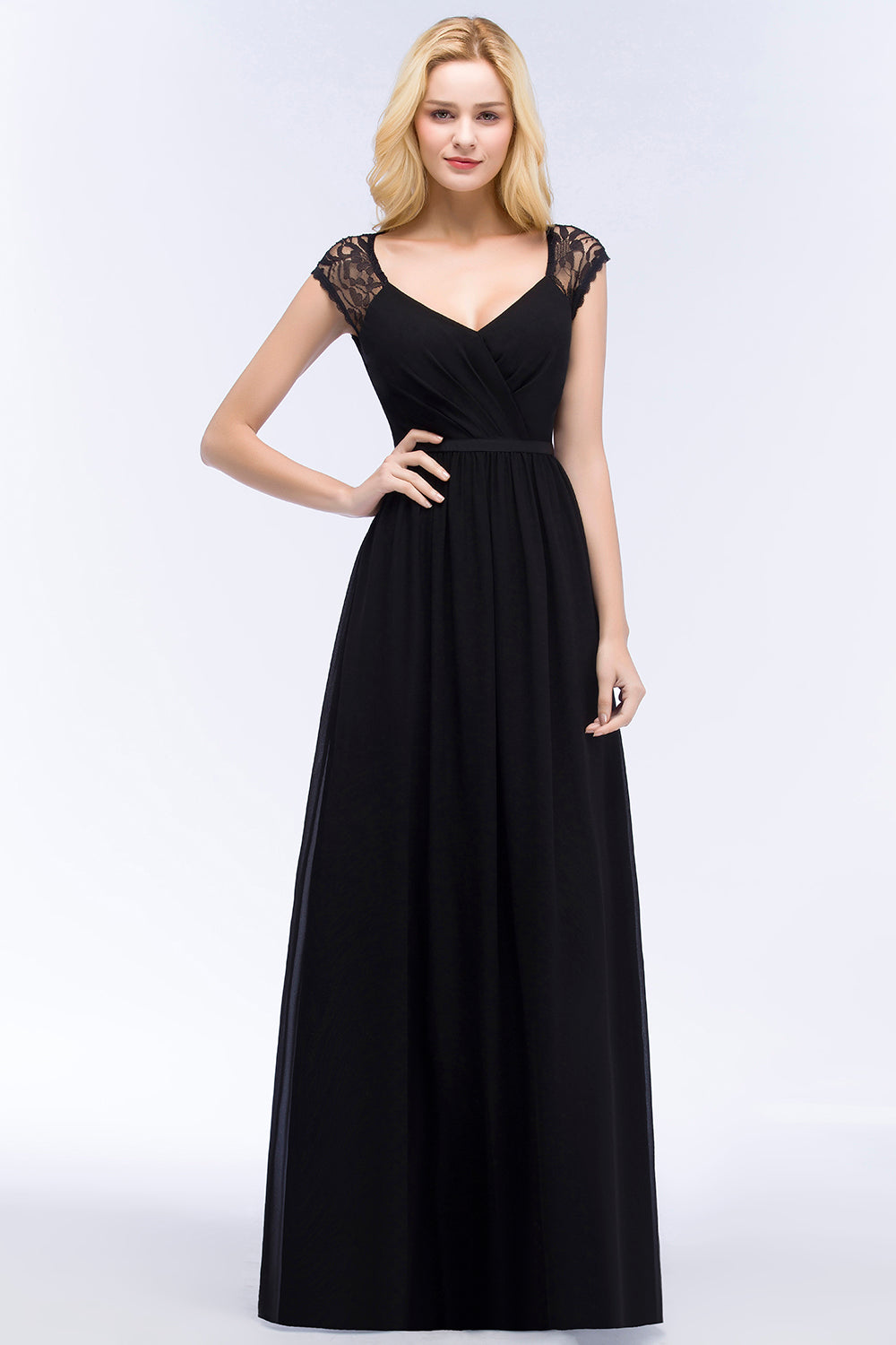 Elegant Lace Black V-Neck Sleeveless Bridesmaid Dress with Hollowout Back