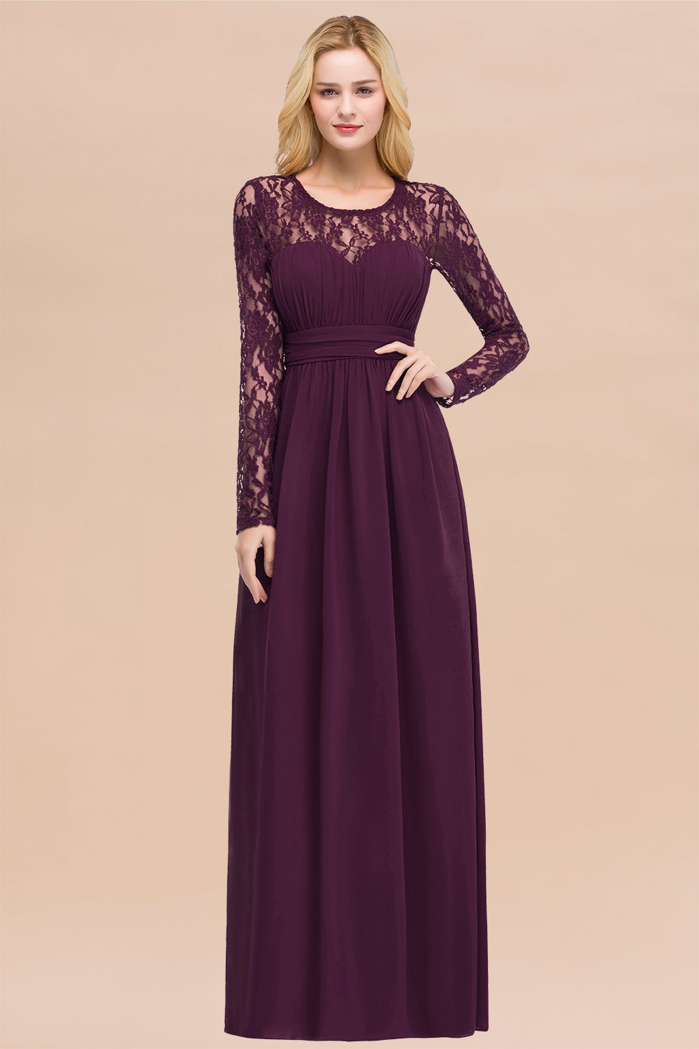 Elegant Lace Burgundy Bridesmaid Dresses Online with Long Sleeves