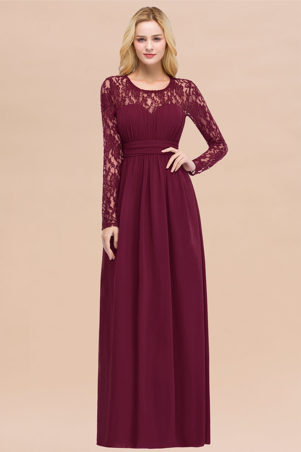 Elegant Lace Burgundy Bridesmaid Dresses Online with Long Sleeves