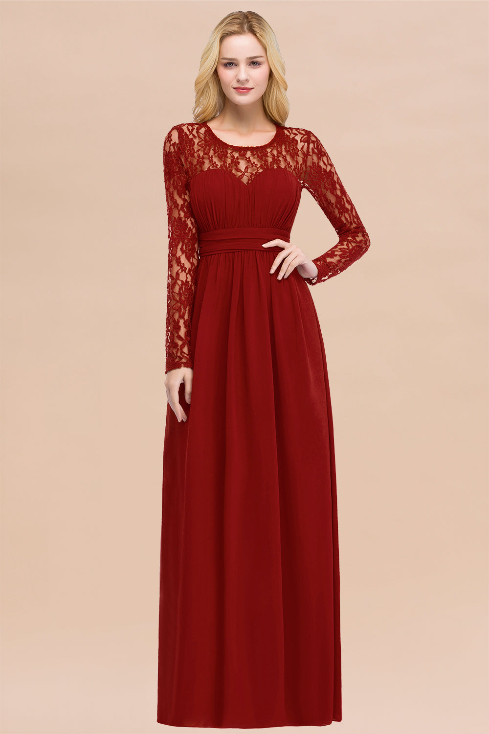 Elegant Lace Burgundy Bridesmaid Dresses Online with Long Sleeves
