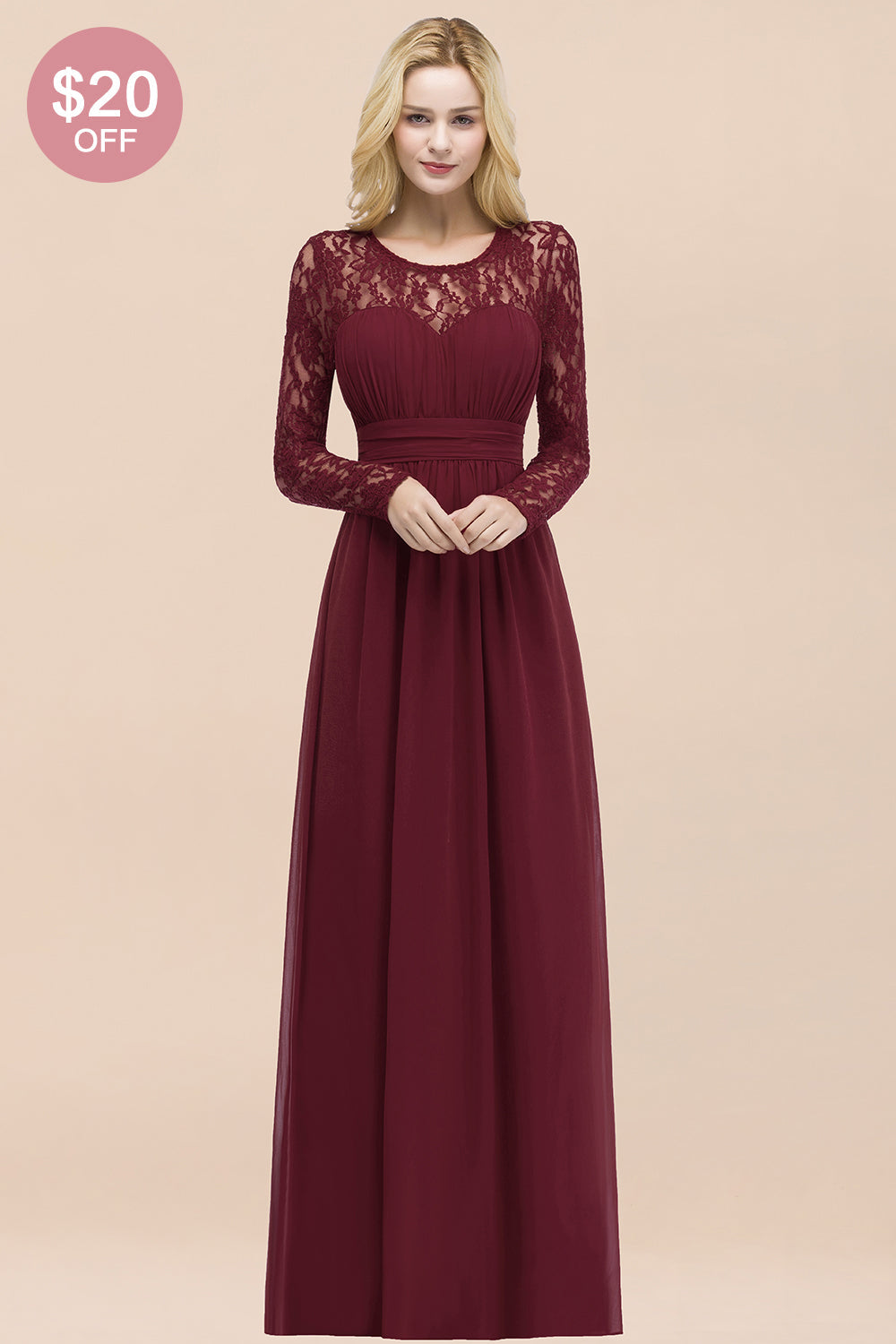 Elegant Lace Burgundy Bridesmaid Dresses Online with Long Sleeves