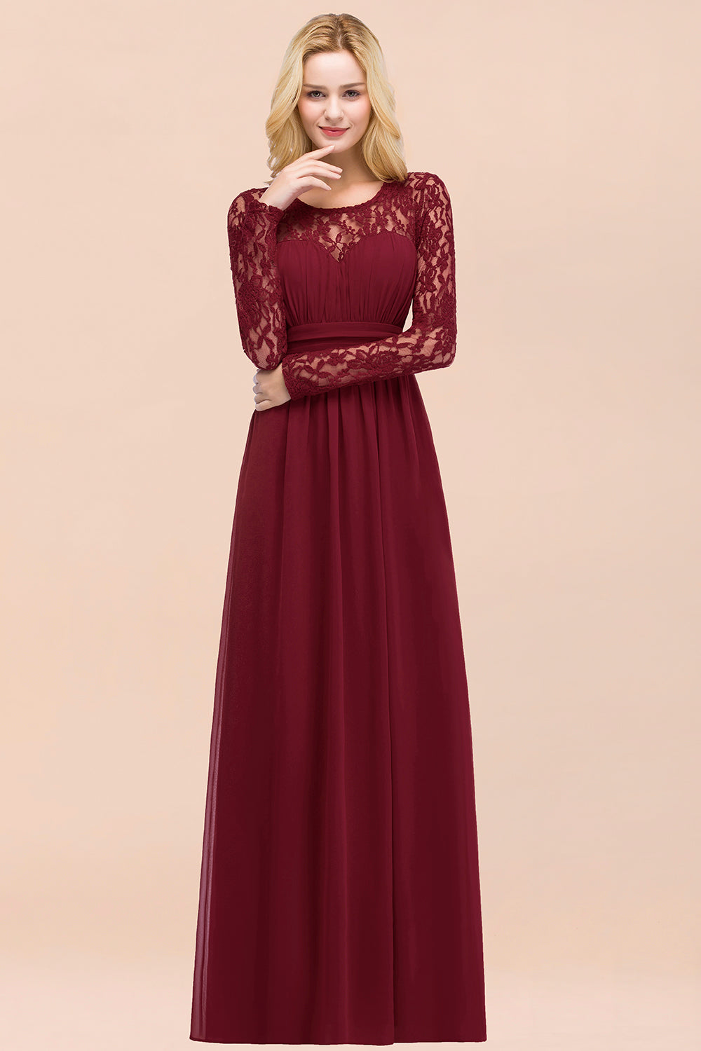 Elegant Lace Burgundy Bridesmaid Dresses Online with Long Sleeves