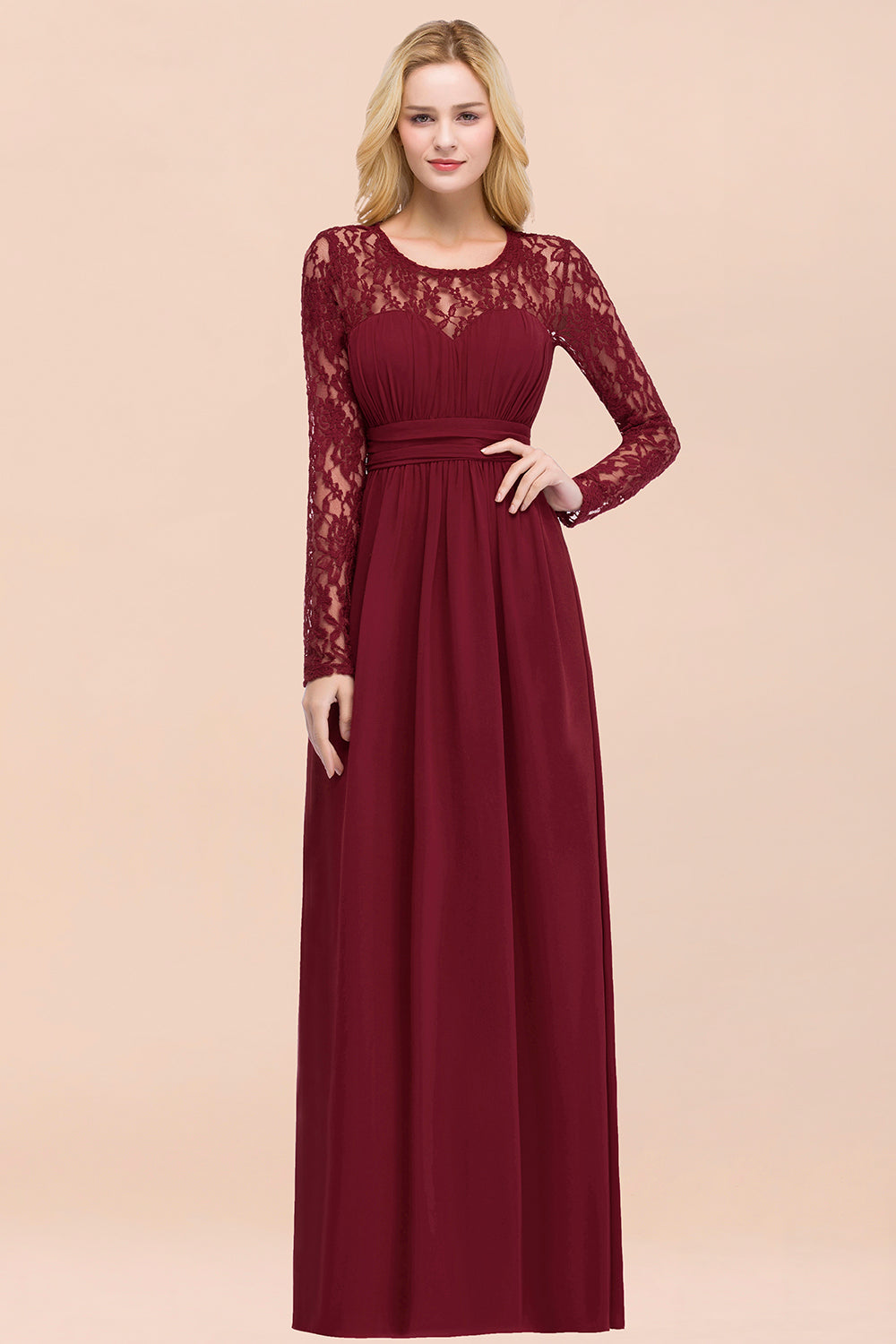 Elegant Lace Burgundy Bridesmaid Dresses Online with Long Sleeves