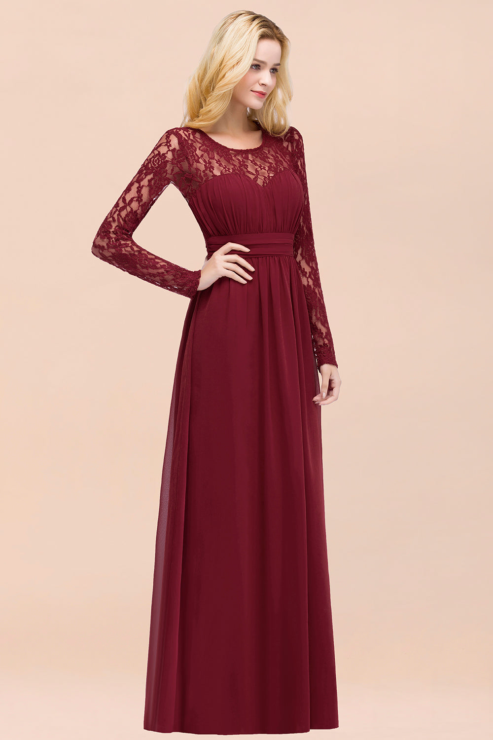 Elegant Lace Burgundy Bridesmaid Dresses Online with Long Sleeves