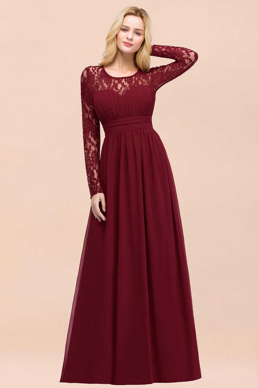 Elegant Lace Burgundy Bridesmaid Dresses Online with Long Sleeves