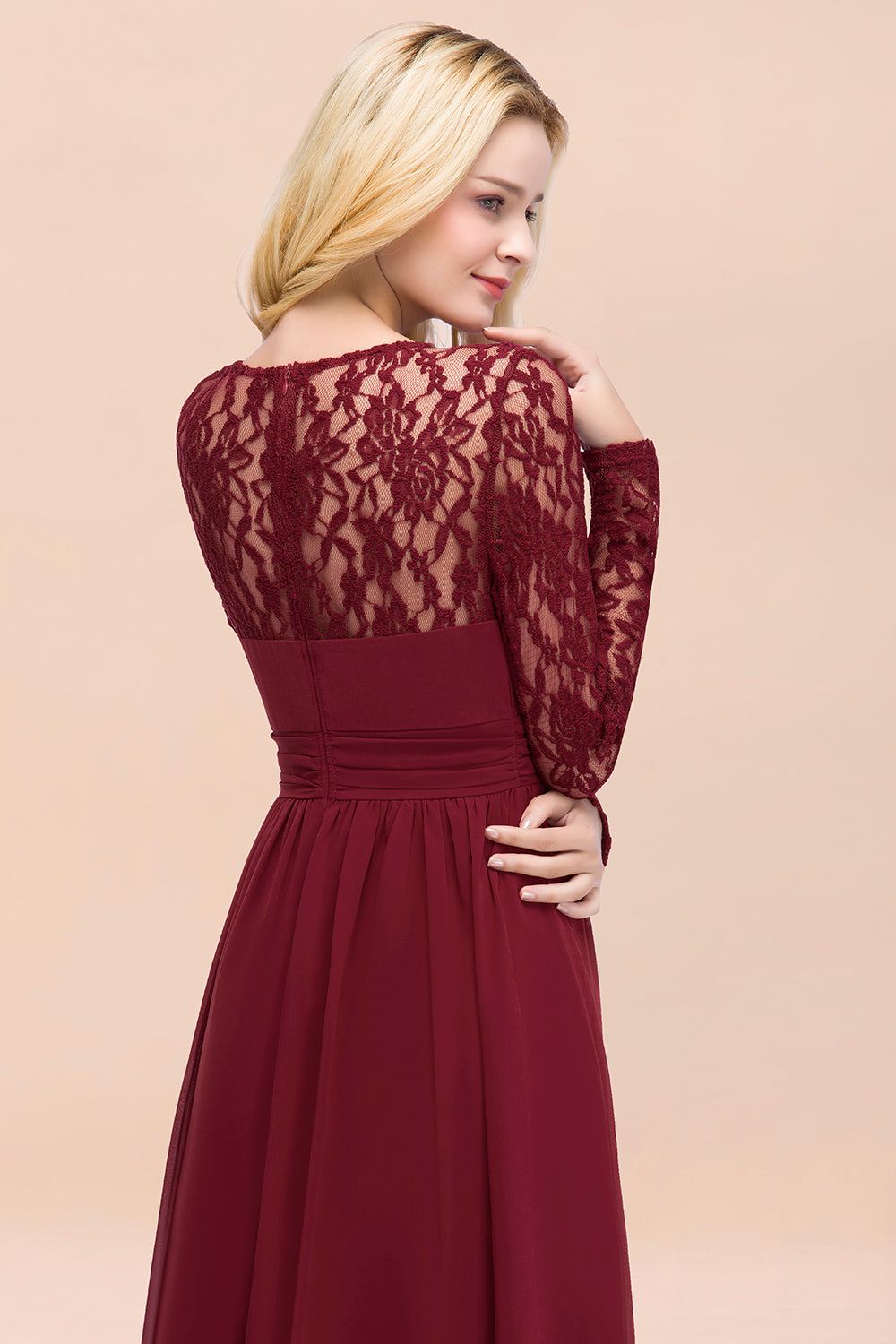 Elegant Lace Burgundy Bridesmaid Dresses Online with Long Sleeves