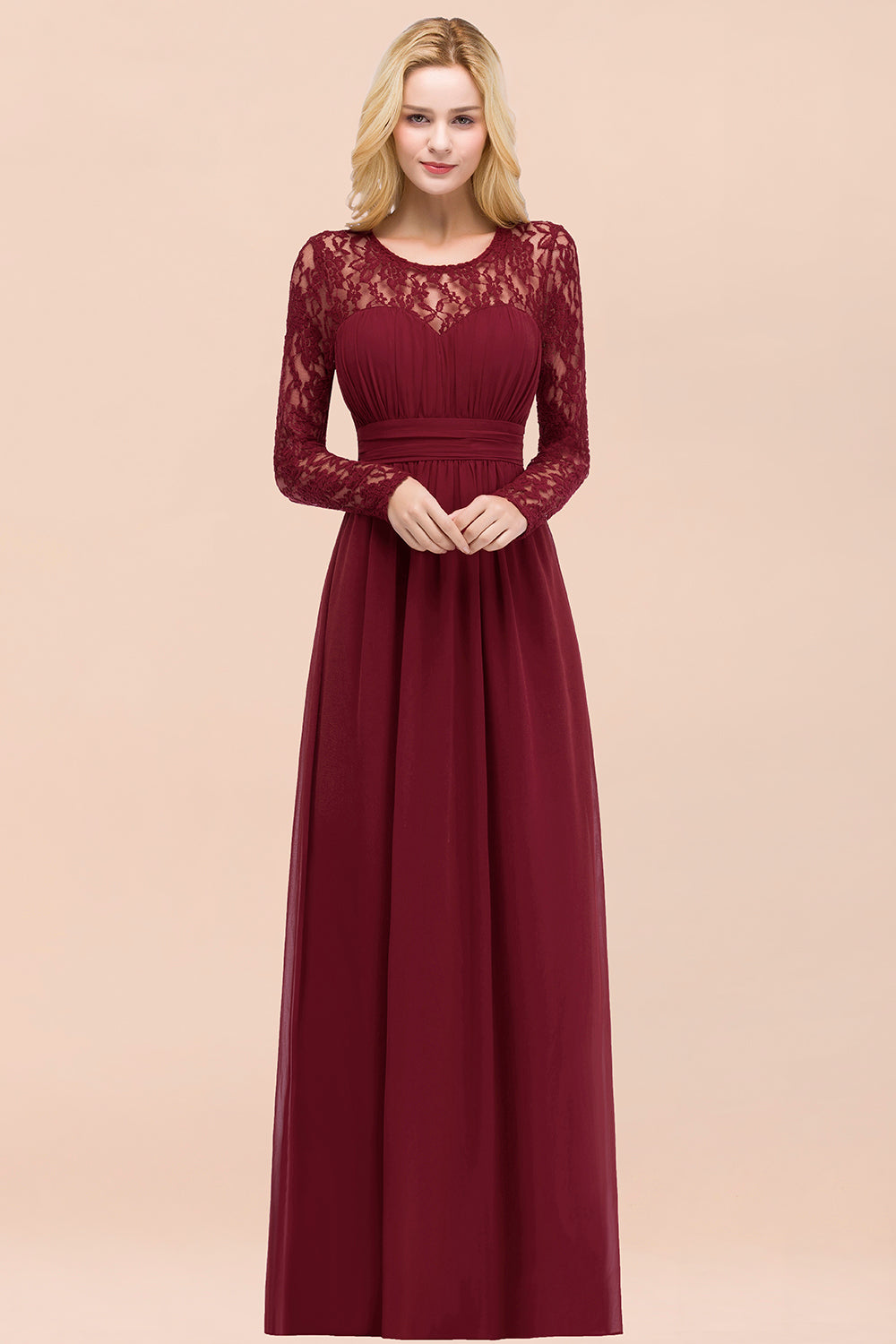 Elegant Lace Burgundy Bridesmaid Dresses Online with Long Sleeves