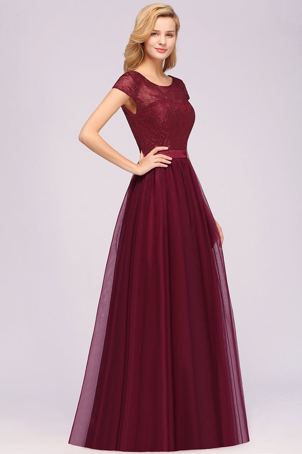 Elegant Lace Cap Sleeves Burgundy Bridesmaid Dresses Affordable