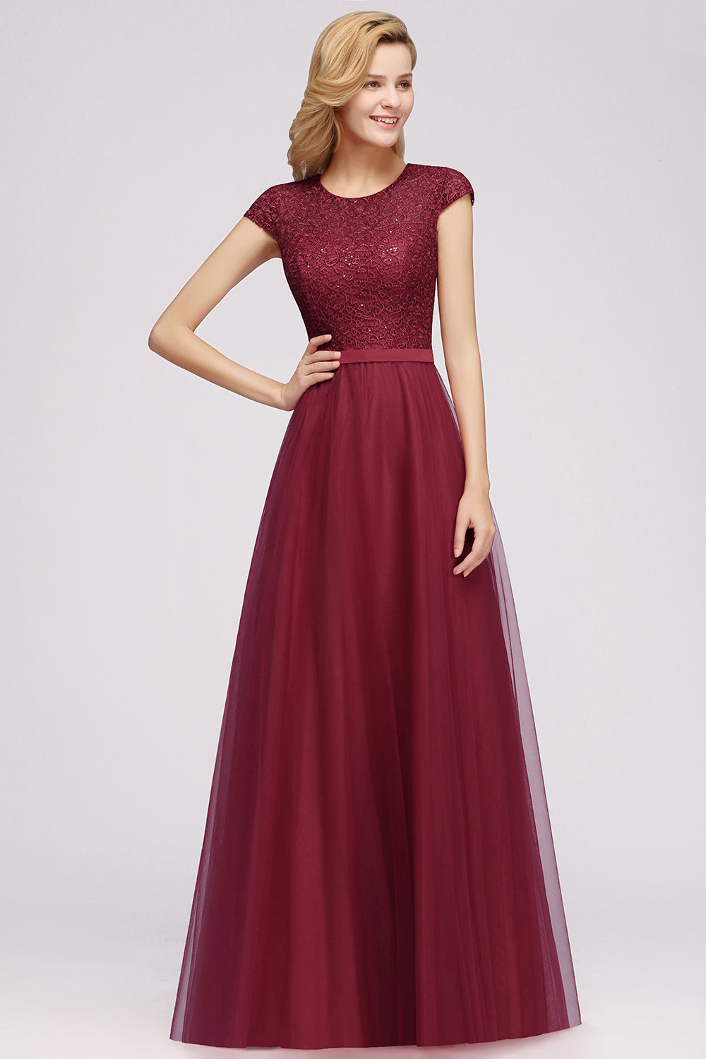 Elegant Lace Cap-Sleeves Long Burgundy Birdesmaid Dresses Online