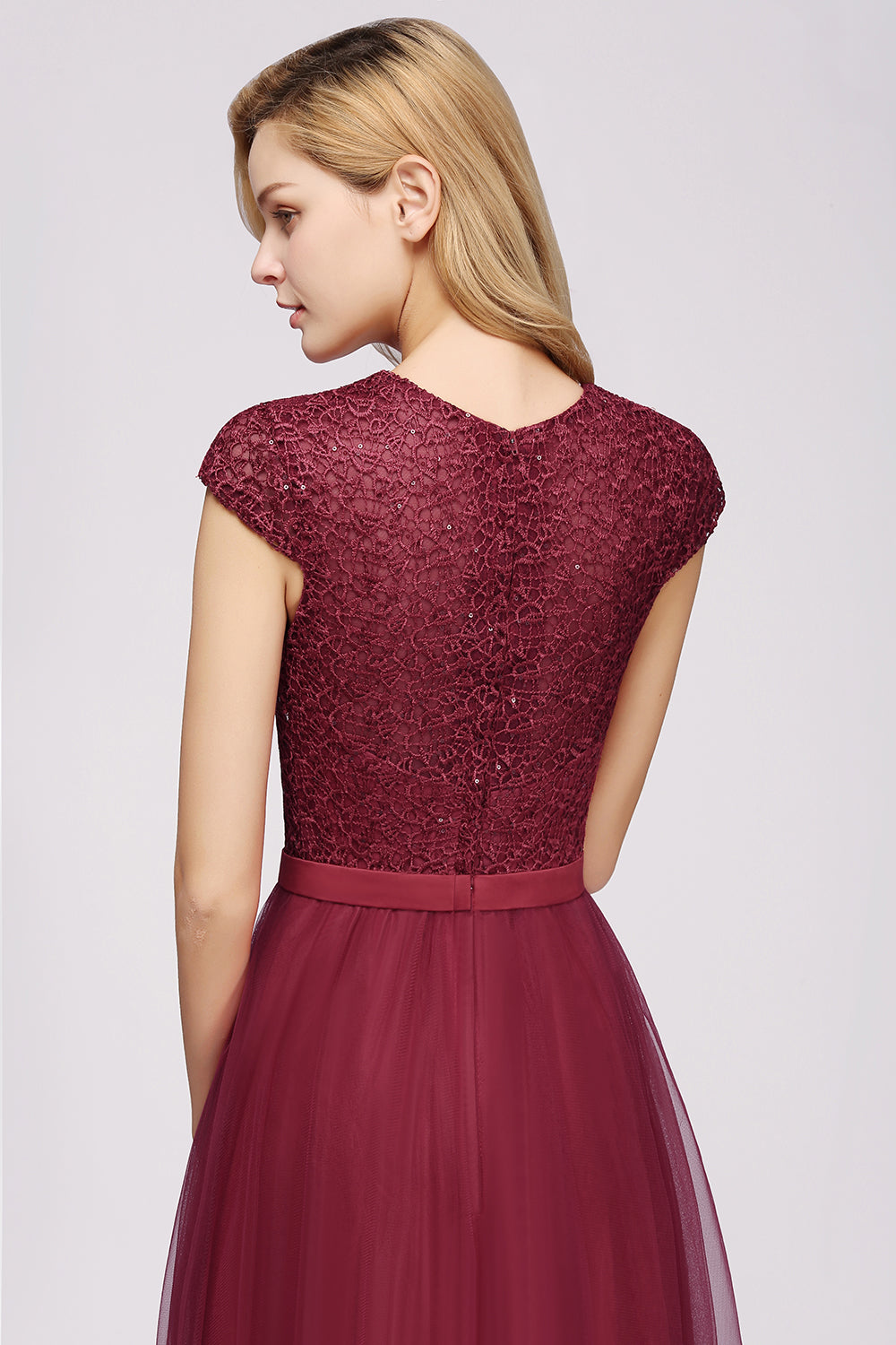 Elegant Lace Cap-Sleeves Long Burgundy Birdesmaid Dresses Online