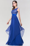 Elegant Lace Jewel Long Chiffon Bridesmaid Dress with Asymmetric Hemline