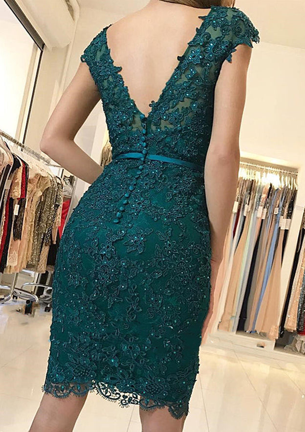 Elegant Lace Knee-Length Homecoming Dress With Beading and Sheath/Column V Neck Sleeveless