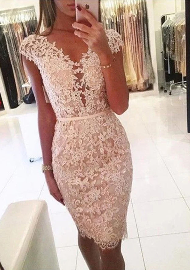 Elegant Lace Knee-Length Homecoming Dress With Beading and Sheath/Column V Neck Sleeveless