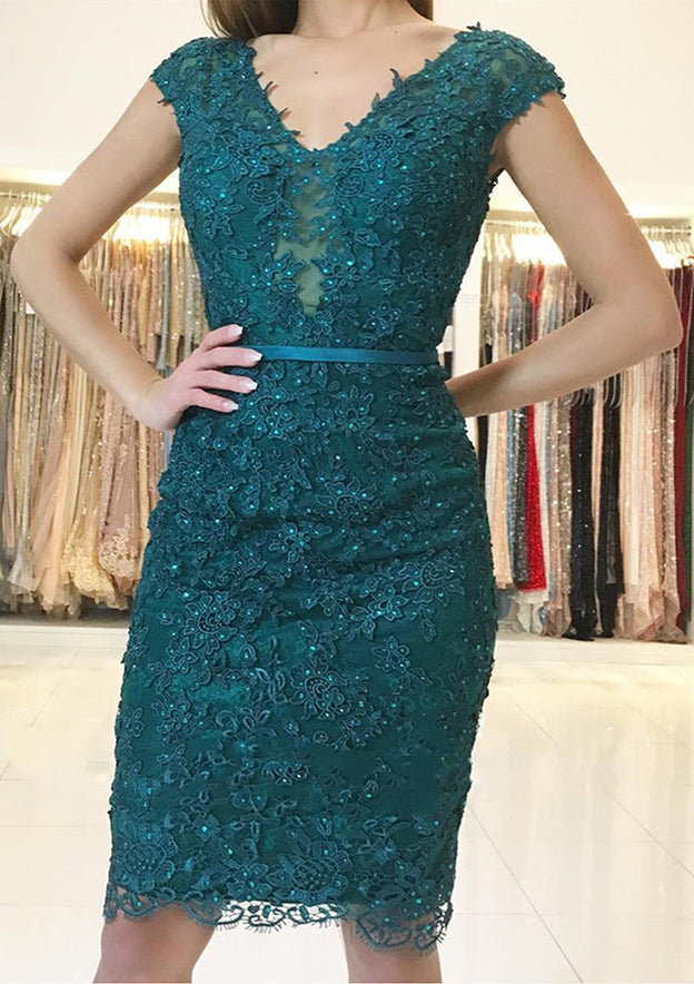 Elegant Lace Knee-Length Homecoming Dress With Beading and Sheath/Column V Neck Sleeveless