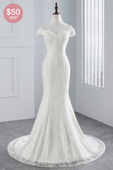 Elegant Lace Off-the-Shoulder White Mermaid Wedding Dresses Affordable Online