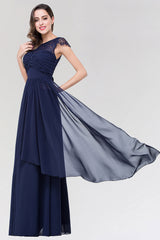 Elegant Lace Scoop Sleeveless Navy Bridesmaid Dress with Buttons