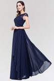 Elegant Lace Scoop Sleeveless Navy Bridesmaid Dress with Buttons
