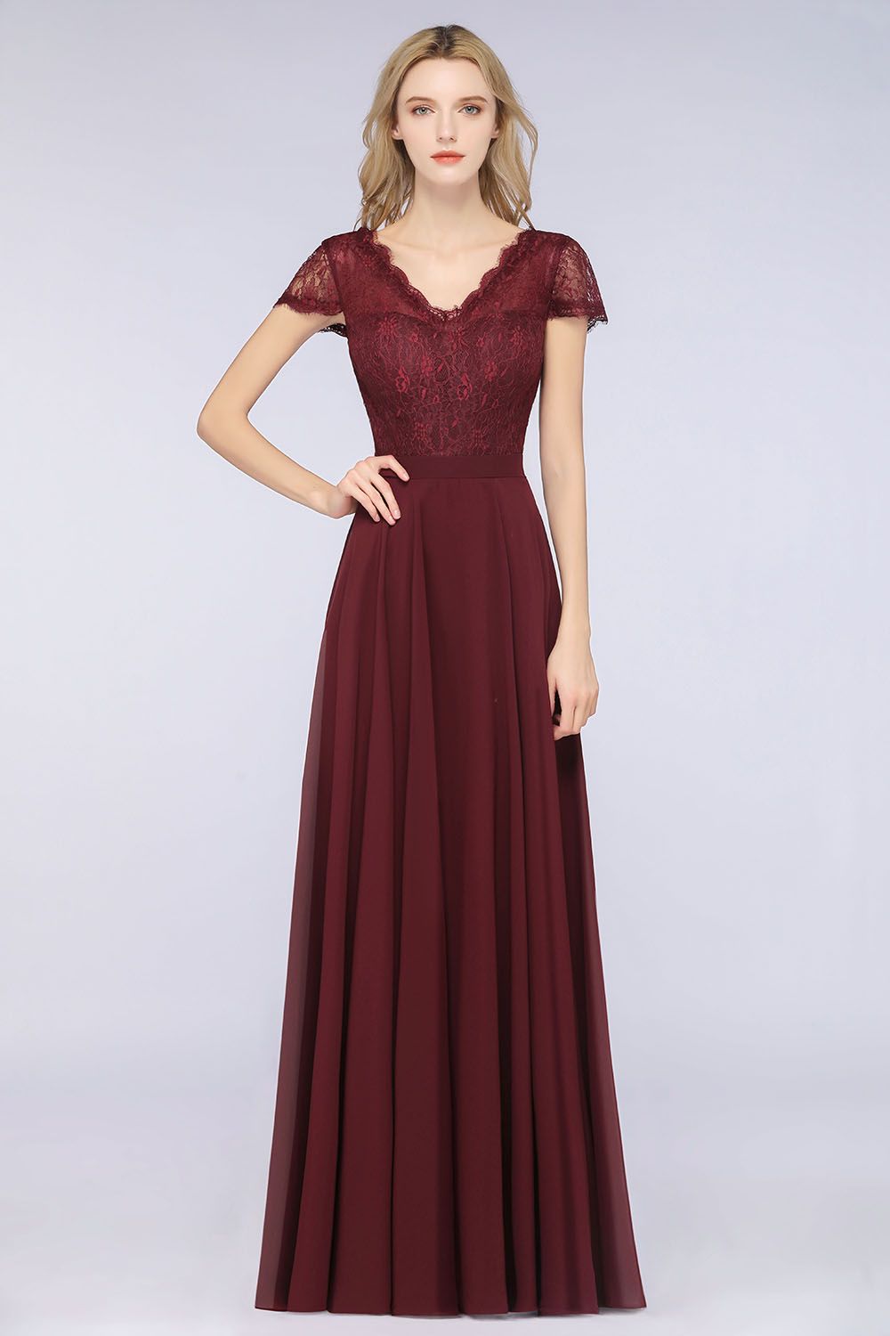 Elegant Lace V-Neck Burgundy Bridesmaid Dresses with Cap Sleeves Newinlook Elegant Lace V-Neck Burgundy Bridesmaid Dresses with Cap Sleeves Newinlook