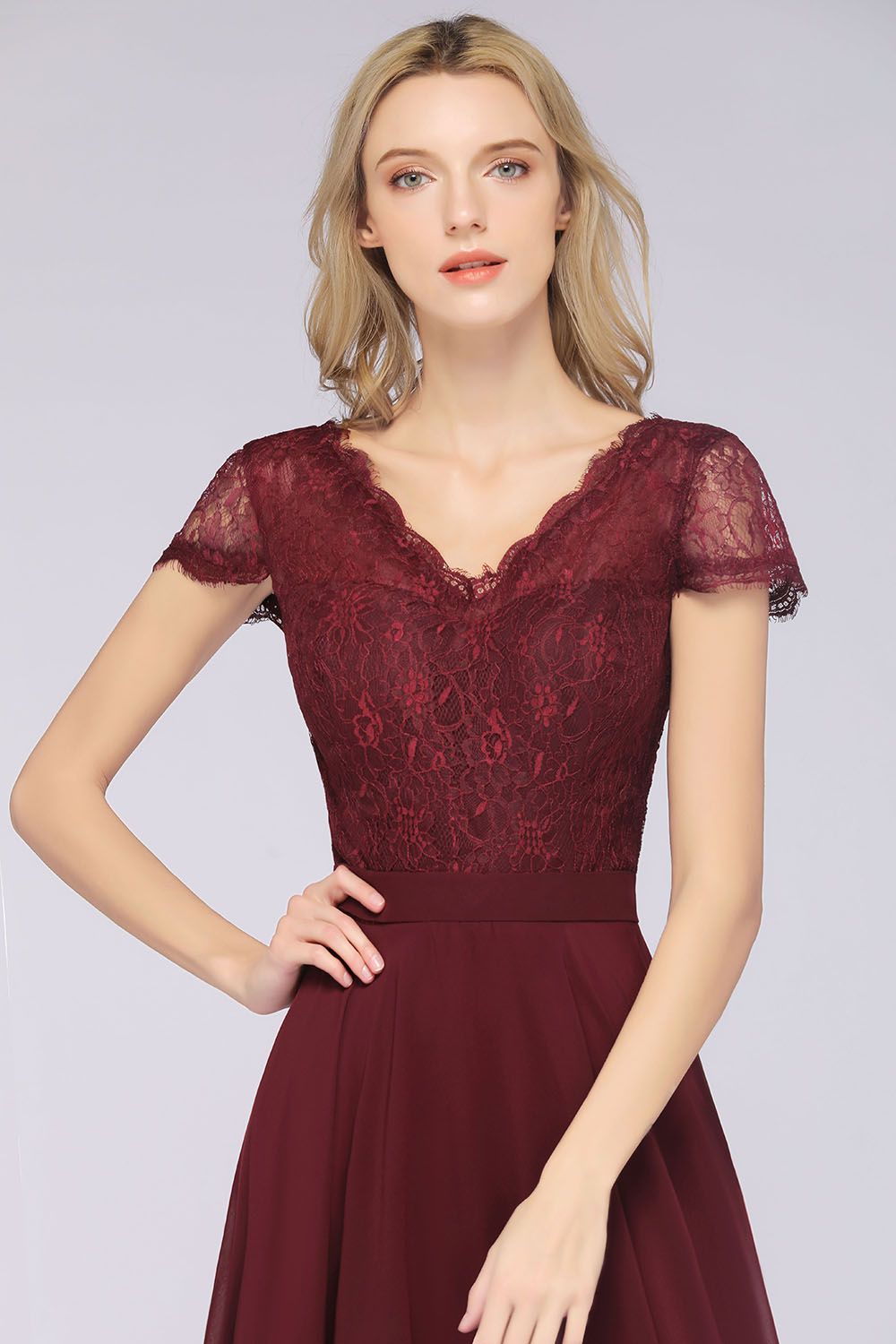 Elegant Lace V-Neck Burgundy Bridesmaid Dresses with Cap Sleeves Newinlook Elegant Lace V-Neck Burgundy Bridesmaid Dresses with Cap Sleeves Newinlook