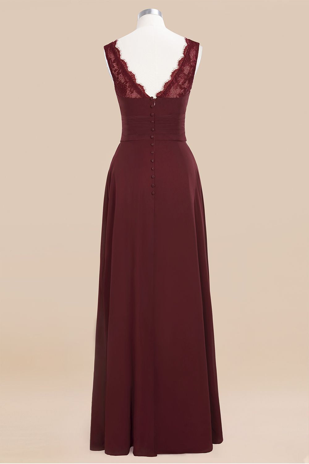 Elegant Lace V-Neck Burgundy Chiffon Bridesmaid Dresses with Ruffle