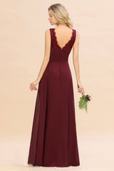 Elegant Lace V-Neck Burgundy Chiffon Bridesmaid Dresses with Ruffle