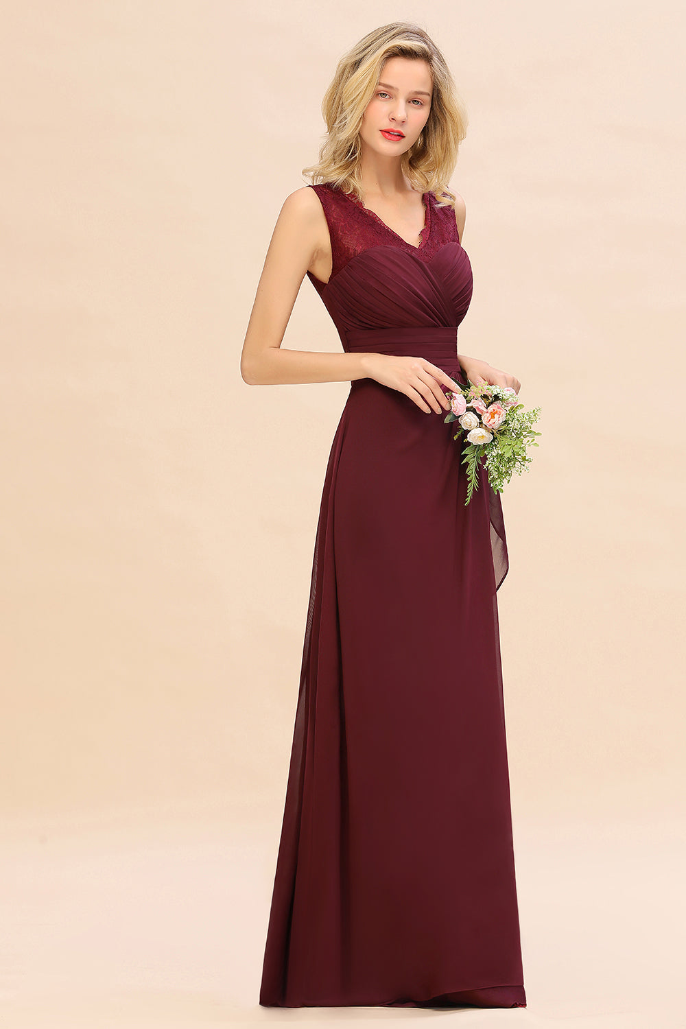 Elegant Lace V-Neck Burgundy Chiffon Bridesmaid Dresses with Ruffle