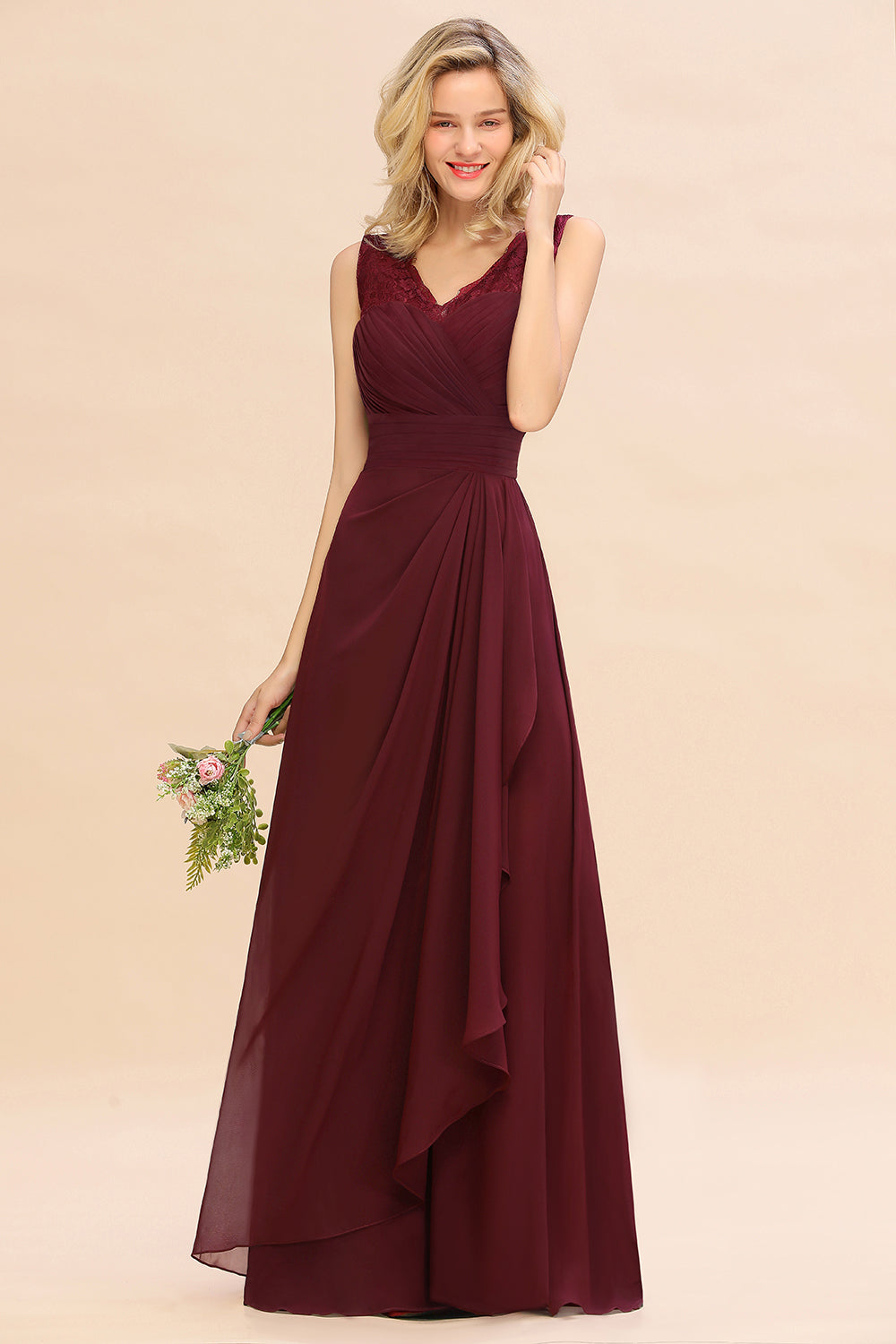 Elegant Lace V-Neck Burgundy Chiffon Bridesmaid Dresses with Ruffle