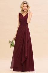 Elegant Lace V-Neck Burgundy Chiffon Bridesmaid Dresses with Ruffle