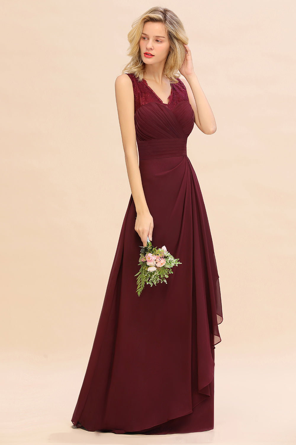Elegant Lace V-Neck Burgundy Chiffon Bridesmaid Dresses with Ruffle