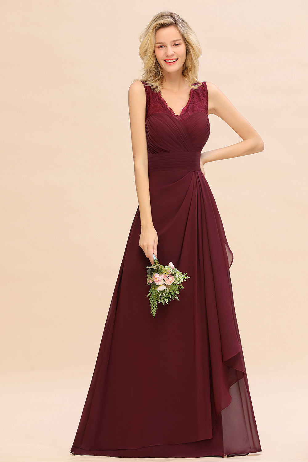 Elegant Lace V-Neck Burgundy Chiffon Bridesmaid Dresses with Ruffle