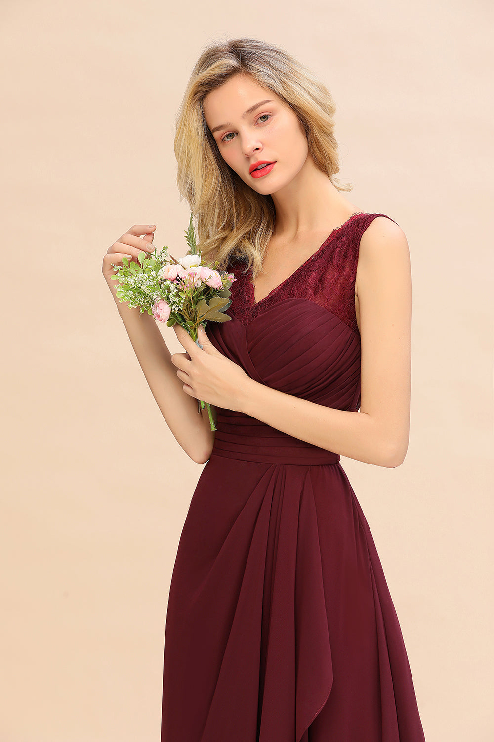Elegant Lace V-Neck Burgundy Chiffon Bridesmaid Dresses with Ruffle
