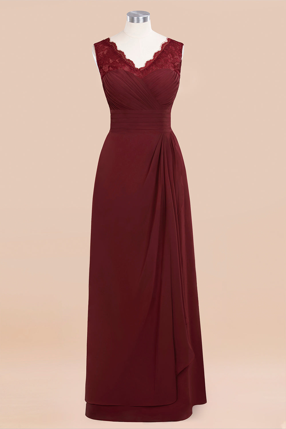 Elegant Lace V-Neck Burgundy Chiffon Bridesmaid Dresses with Ruffle