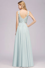 Elegant Lace V-Neck Chiffon Affordable Bridesmaid Dress with Beadings