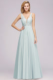 Elegant Lace V-Neck Chiffon Affordable Bridesmaid Dress with Beadings