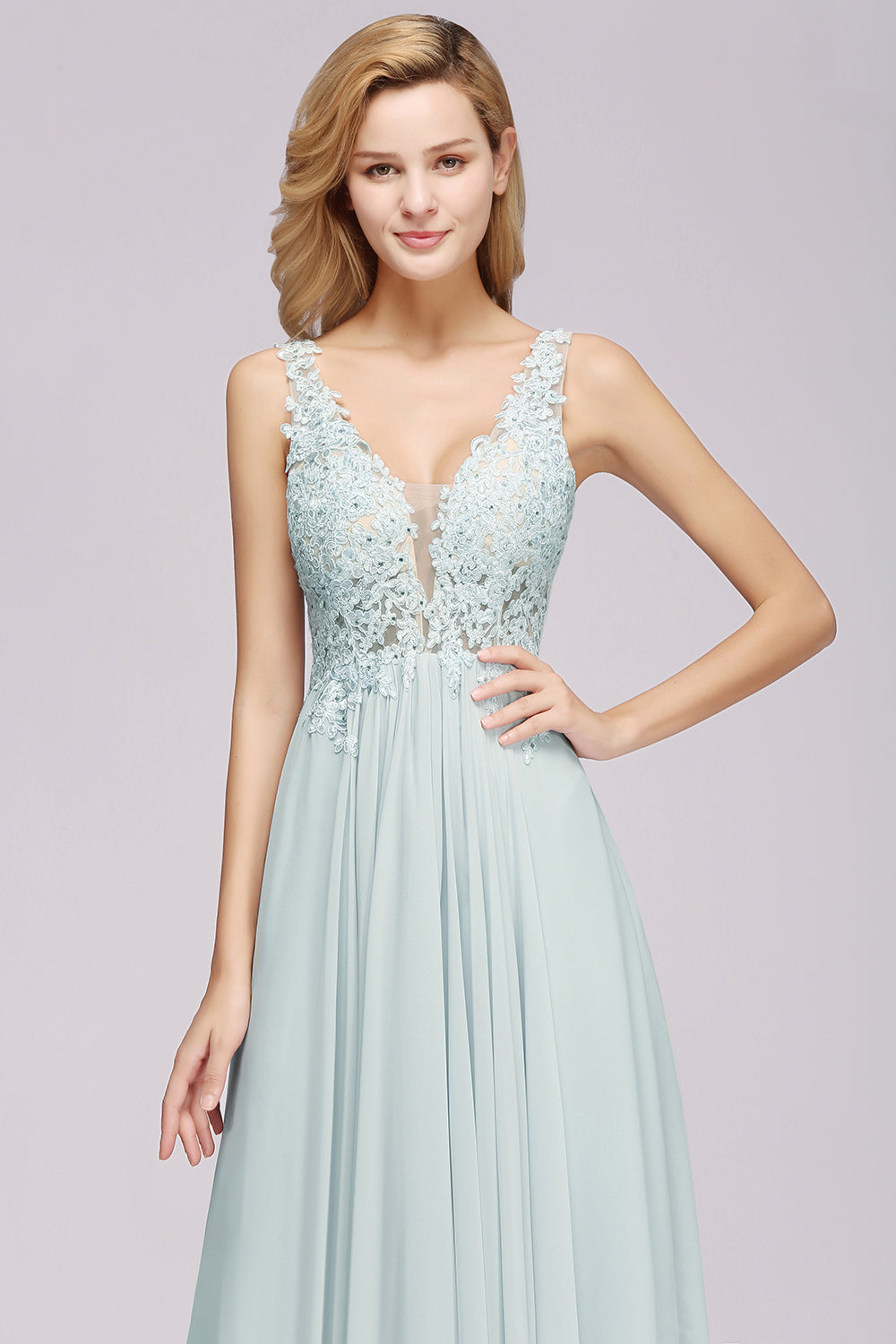 Elegant Lace V-Neck Chiffon Affordable Bridesmaid Dress with Beadings