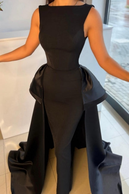 Chic Long Black Evening Dresses Simple Design with Detachable Train Newinlook Chic Long Black Evening Dresses Simple Design with Detachable Train Newinlook