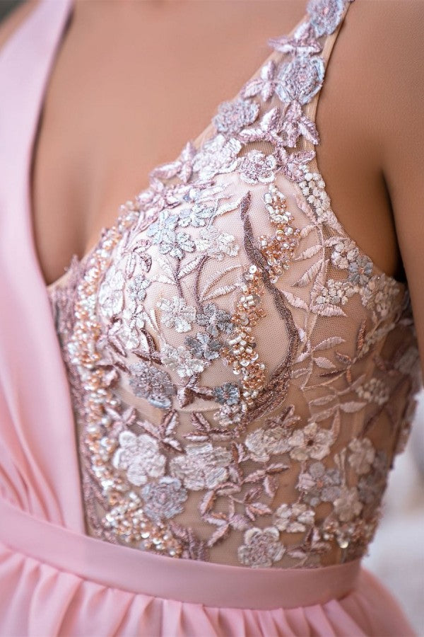 Elegant Long Pink V-Neck A-Line Glitter Sleeveless Evening Dress with Slit