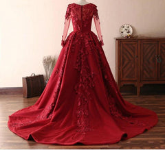 Elegant Long Sleeve Burgundy Prom Dress Lace Evening Gowns