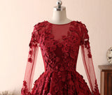 Elegant Long Sleeve Burgundy Prom Dress Lace Evening Gowns