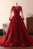 Elegant Long Sleeve Burgundy Prom Dress Lace Evening Gowns
