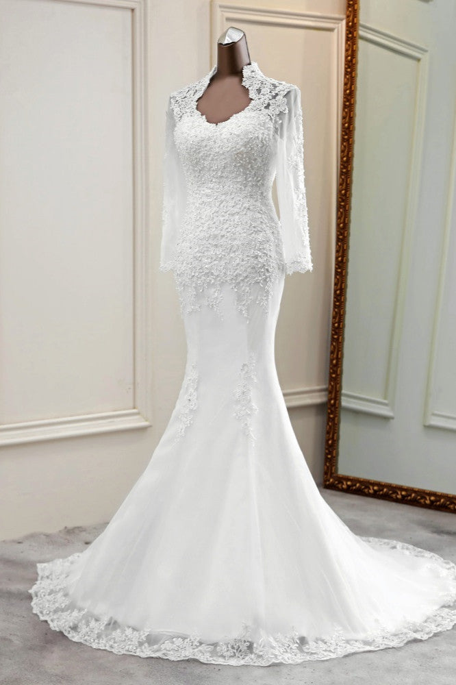 Elegant Long Sleeves Lace Mermaid Wedding Dresses Appliques White Bridal Gowns with Beadings
