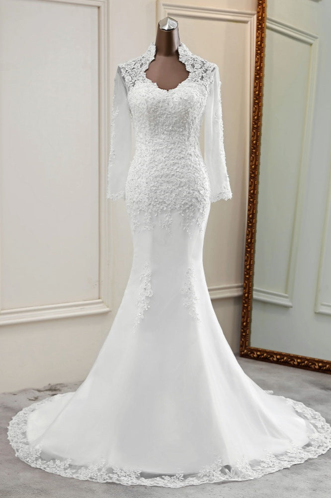 Elegant Long Sleeves Lace Mermaid Wedding Dresses Appliques White Bridal Gowns with Beadings