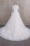 Elegant Longsleeves Jewel Lace Wedding Dresses Jewel Tulle Champagne Bridal Gowns On Sale