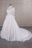 Elegant Longsleeves Jewel Lace Wedding Dresses Jewel Tulle Champagne Bridal Gowns On Sale