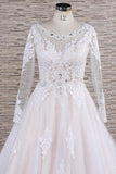 Elegant Longsleeves Jewel Lace Wedding Dresses Jewel Tulle Champagne Bridal Gowns On Sale